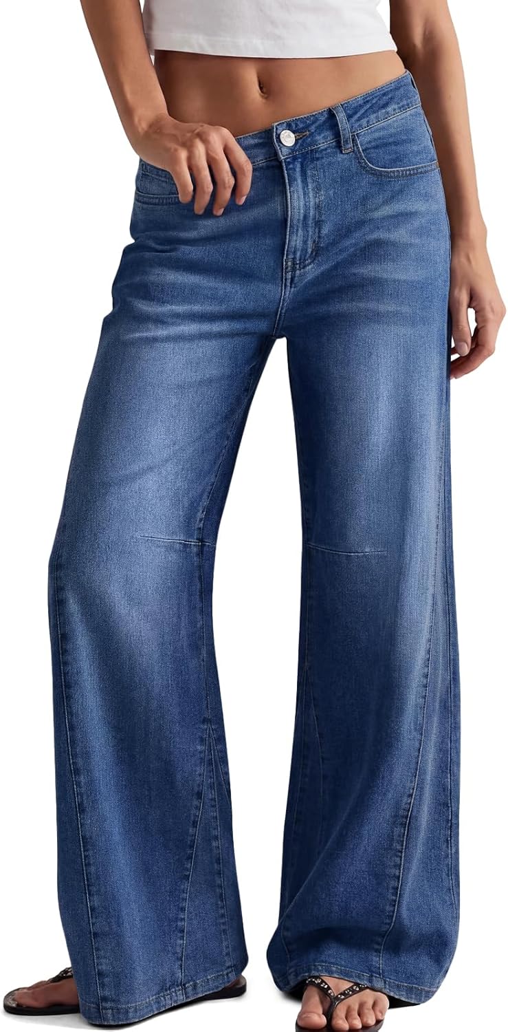 Trendy Queen Women's High Waisted Wide Leg Barrel Jeans Stretch Baggy Flare Denim Pants