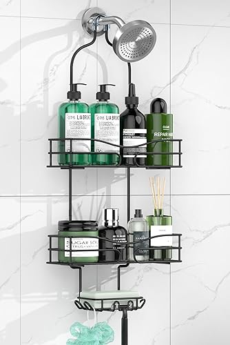 Organizador colgante de ducha de baño, organizador de ducha colgante de 3 niveles con soporte de jabón y 6 ganchos para toallas, esponja,