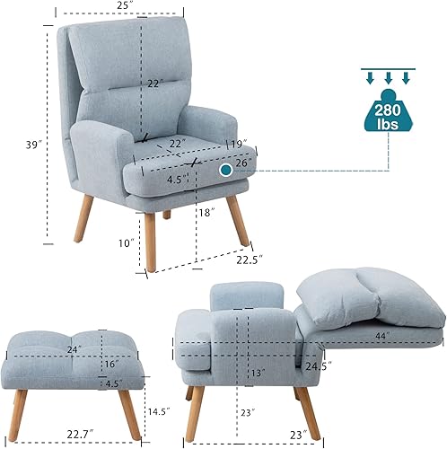 Miniatura 2 de GODAFA Juego otomano Accent, sillón de tela con patas de madera y respaldo ajustable, moderno y cómodo de mediados de siglo para sala de estar,