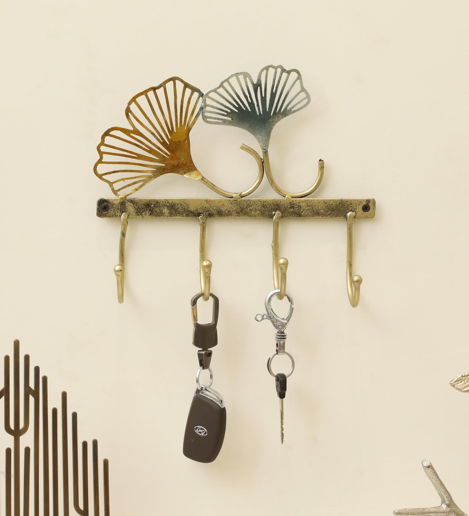 vedasvedas Ace Ginko Decorative metal Wall Hooks for keys | 4 Hooks Rack/Holder for Kitchen Utensil | Wall Mounted Key Holder Key Rack Key Hanger | Bathroom Towel Hooks | Hat Rack