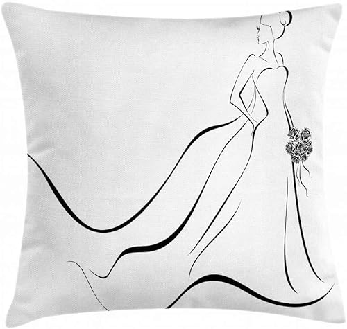 Miniatura 2 de Lunarable Funda de cojín para boda, diseño de novia monocromática con diseño artístico de línea, sosteniendo un ramo de flores, funda de almohada