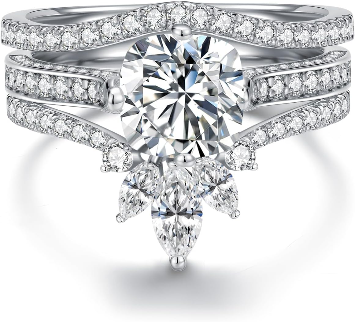 Sterling Silver 3PC Bridal Ring Sets for Women Center 2 Carat (ctw) Cushion Cut Engagement Ring Sets for Her