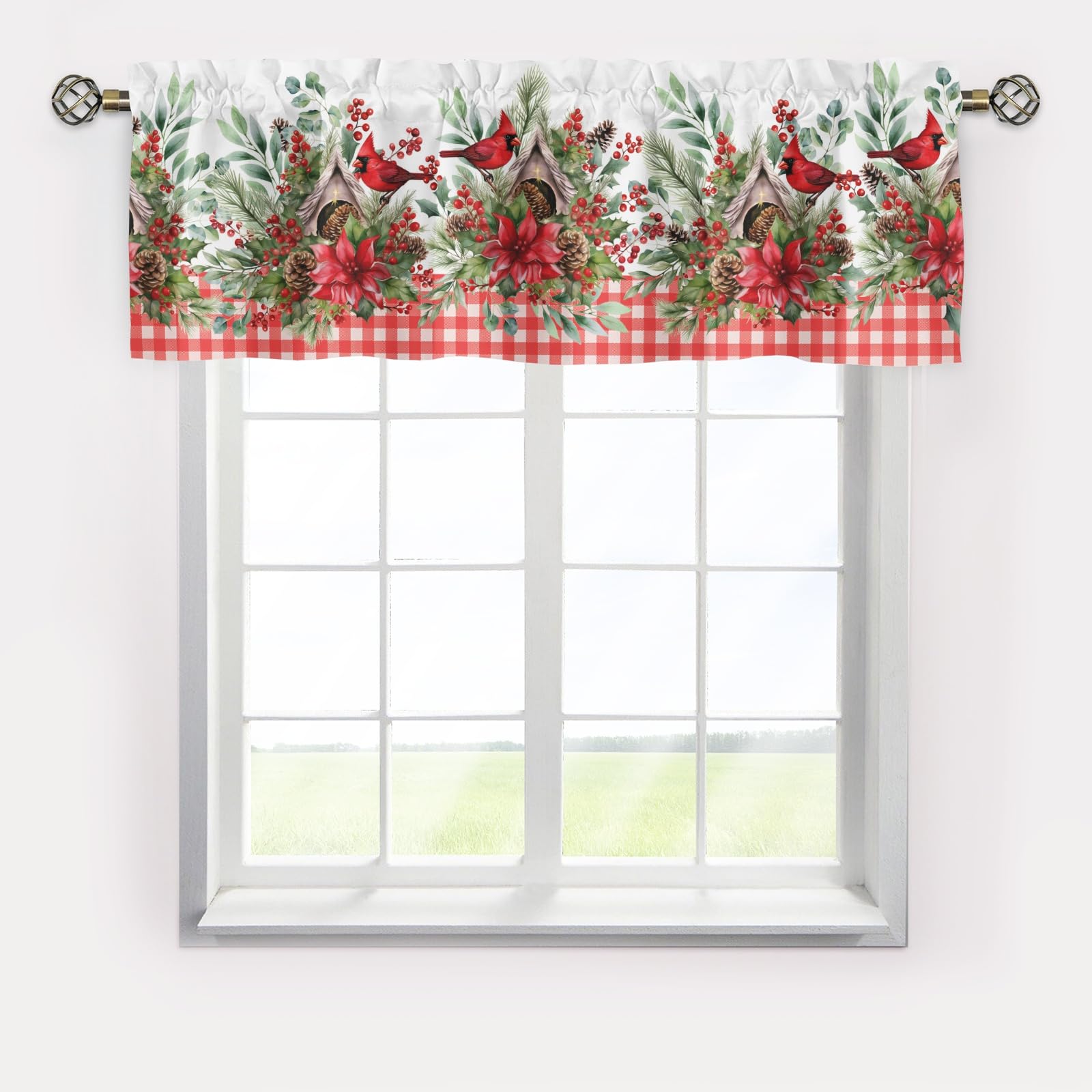 Curtains Valance,Christmas Red Bird Short Curtains Valance for Window,Blackout Valance Curtains,Rod Pocket Valance Window,Christmas Holiday Decor Window for Kitchen Bathroom Living Room Bedroom