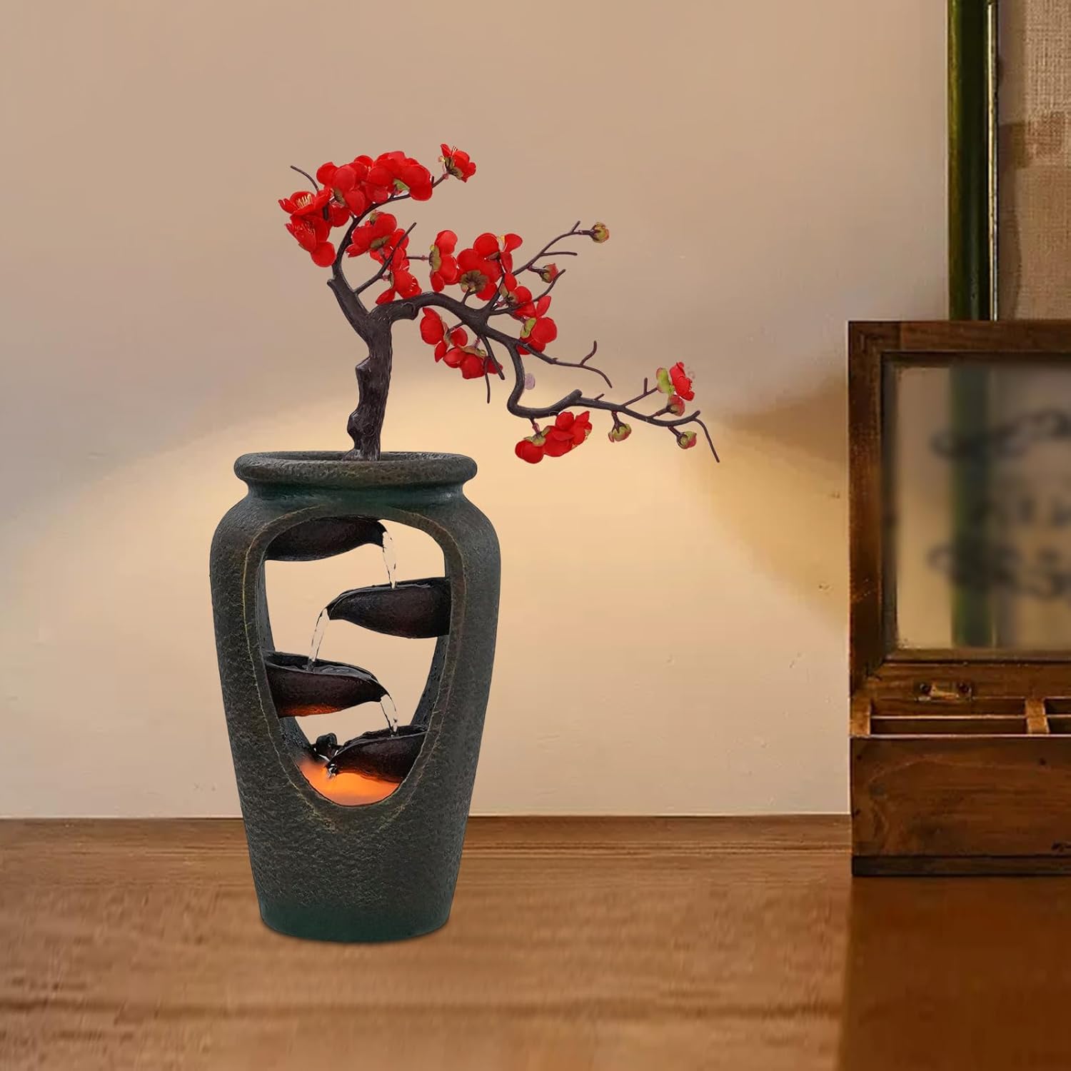 Tabletop Waterfall Fountain, Indoor Waterfall Meditation Fountain with Automatic Pump and LED Light, Relax Desktop Fountain for Home Office Bedroom, Brown&red