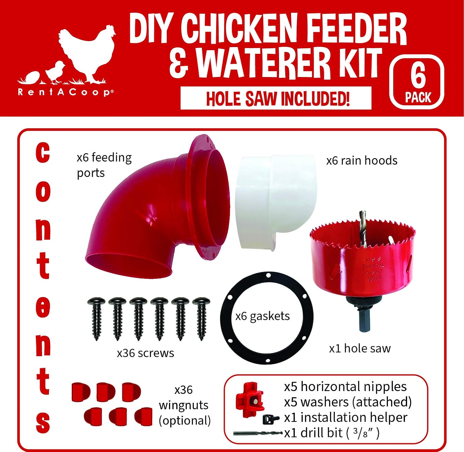 RentACoop DIY Chicken Feeder and Waterer Kit - Automatic No Waste Chicken Feeder - Includes Large 6 Ports, 5 Horizontal Nipples, Hole Saw, Rain Hoods, Drill Bit, Screws, Wingnuts, and Gaskets - 6 Pack