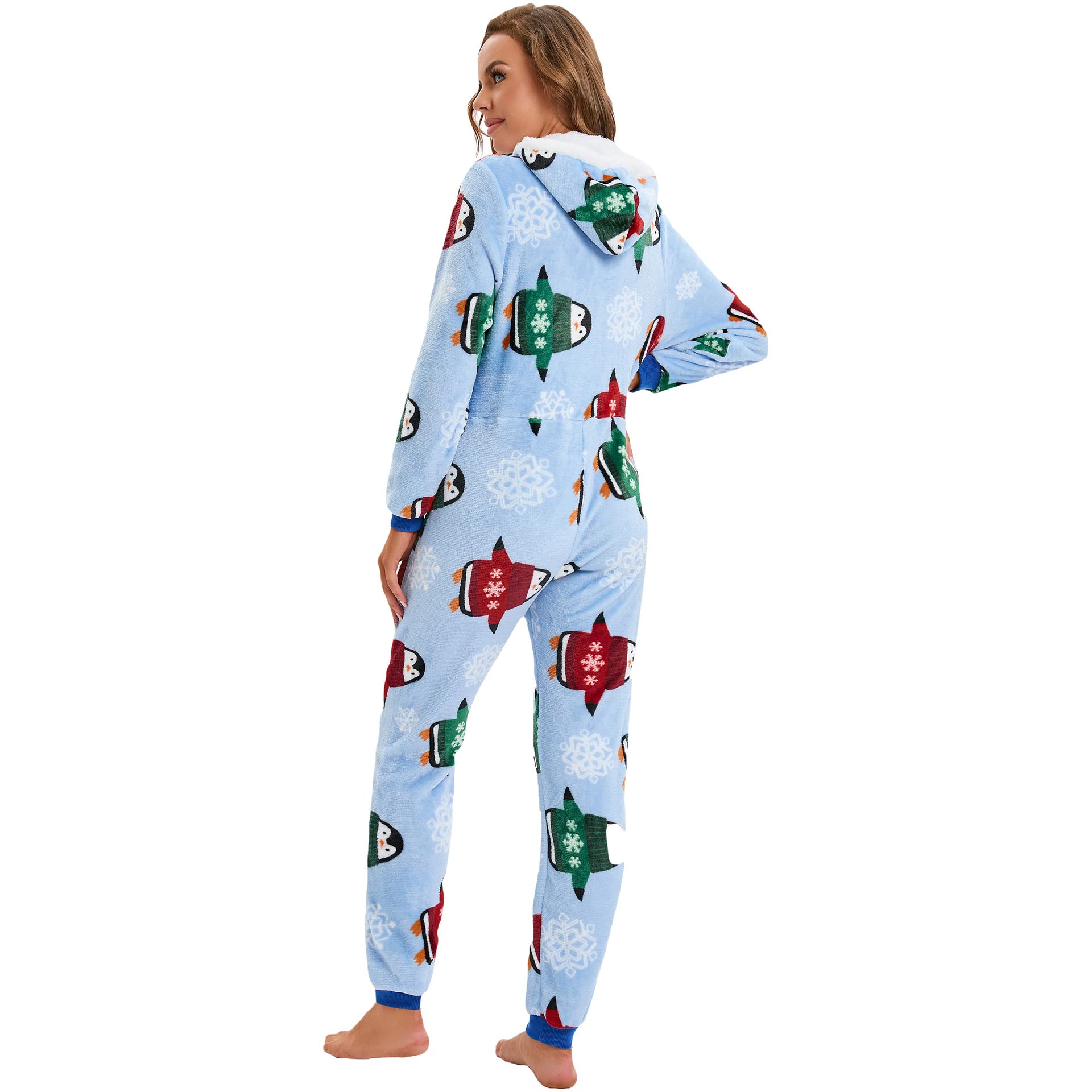 Tuta da donna invernale natalizia, calda, tuta intera per adulti, cosplay, onesie, con cappuccio, morbida, con chiusura lampo