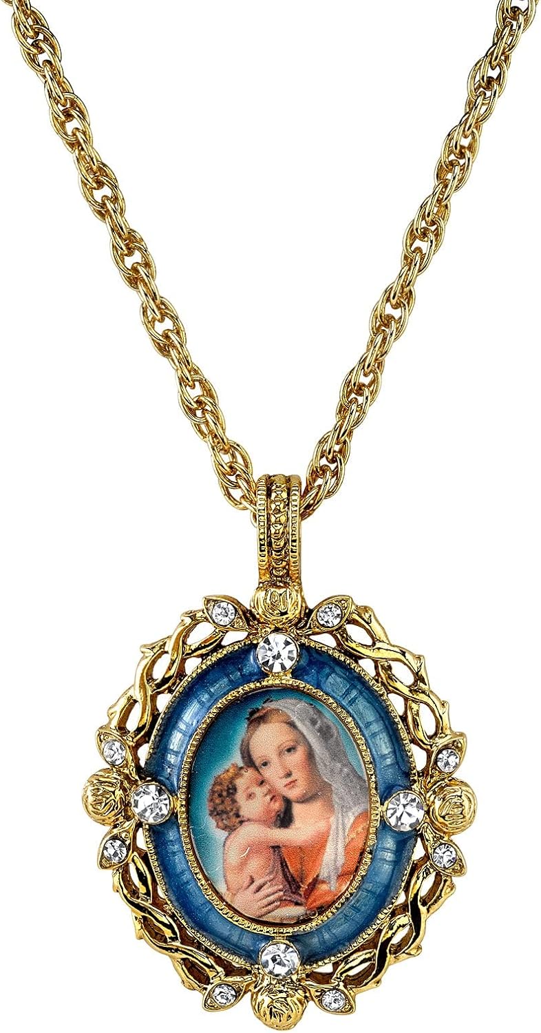 Symbols of Faith "Inspirations" 14k Gold-Dipped Crystal Blue Enamel Mary and Child Pendant Necklace