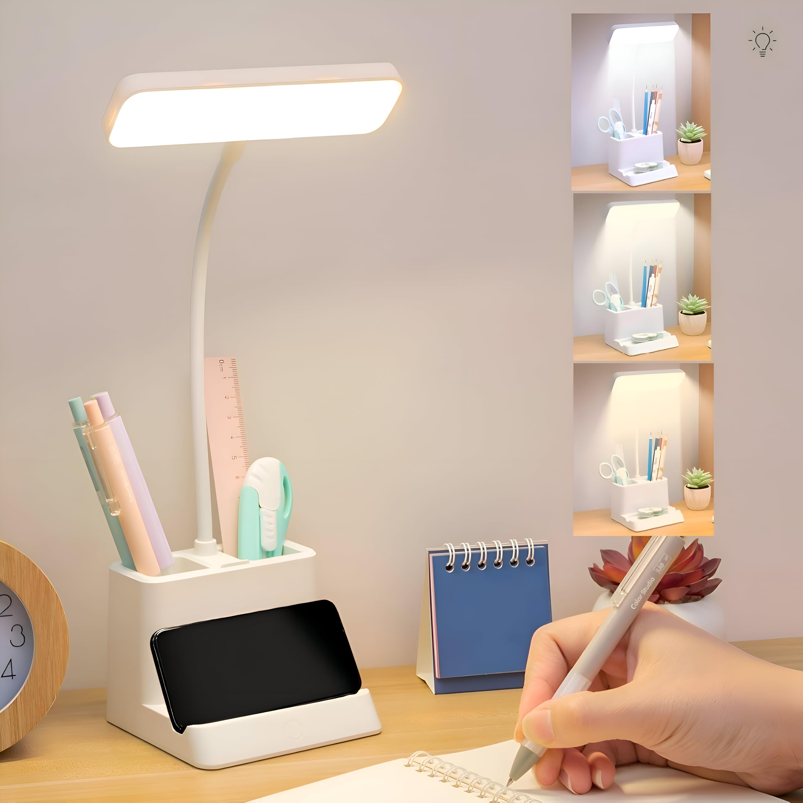 RATAVA Rechargeable 3-Color LED Desk Lamp with Phone Holder & Pen Stand – Adjustable Brightness Study Light for Students, Kids, Office – Touch Control, Eye Protection, Portable Desk Lighting (White)
