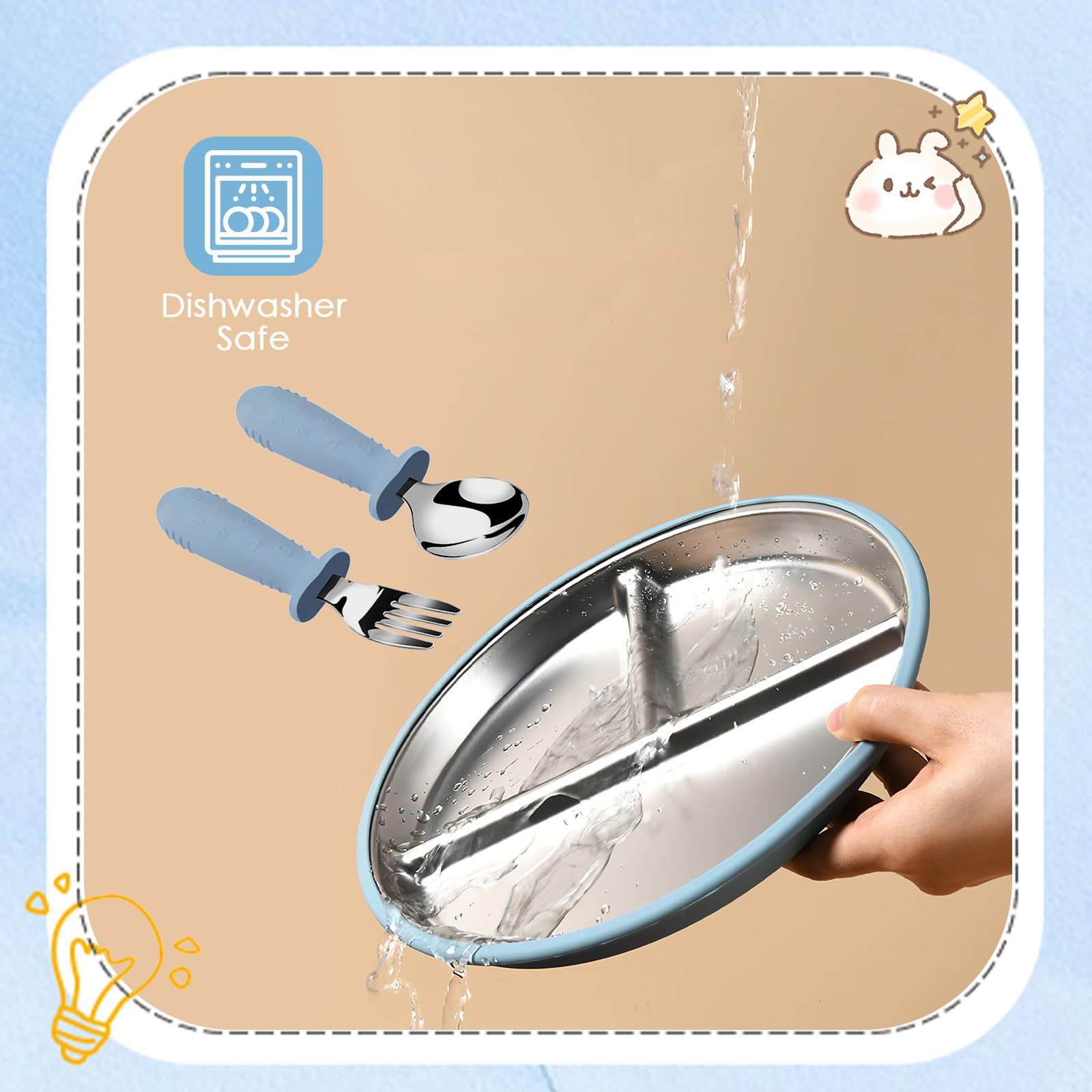 Set d'Assiettes Compartimentées pour Bébé – Assiettes en Acier Inoxydable avec Ventouse en Silicone, Couverts Bébé, Vaisselle Enfant pour Repas Sans Débordement, Sans BPA – Inclut Cuillère & Fourchett