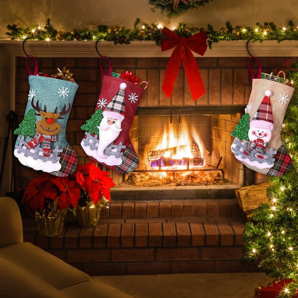 8 Chaussettes De Noël Décoratives - Modèles Père Noël Et Flocons - Pour Cheminée, Sapin - Sacs à Bonbons Cadeaux