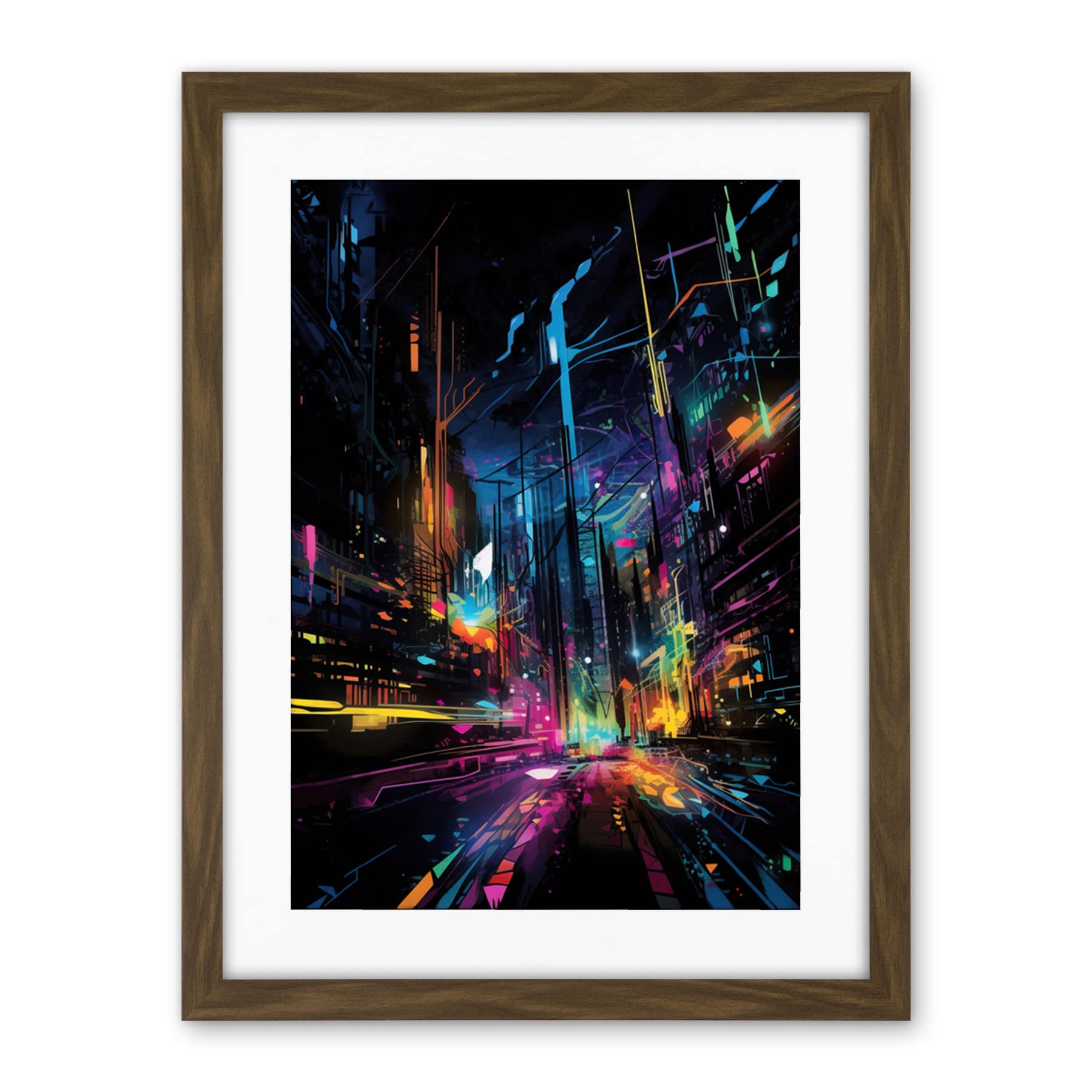 Artery8 New York City at Night Modern Abstract Neon Contrast Painting Artwork Framed Wall Art Print 18X24 Inch