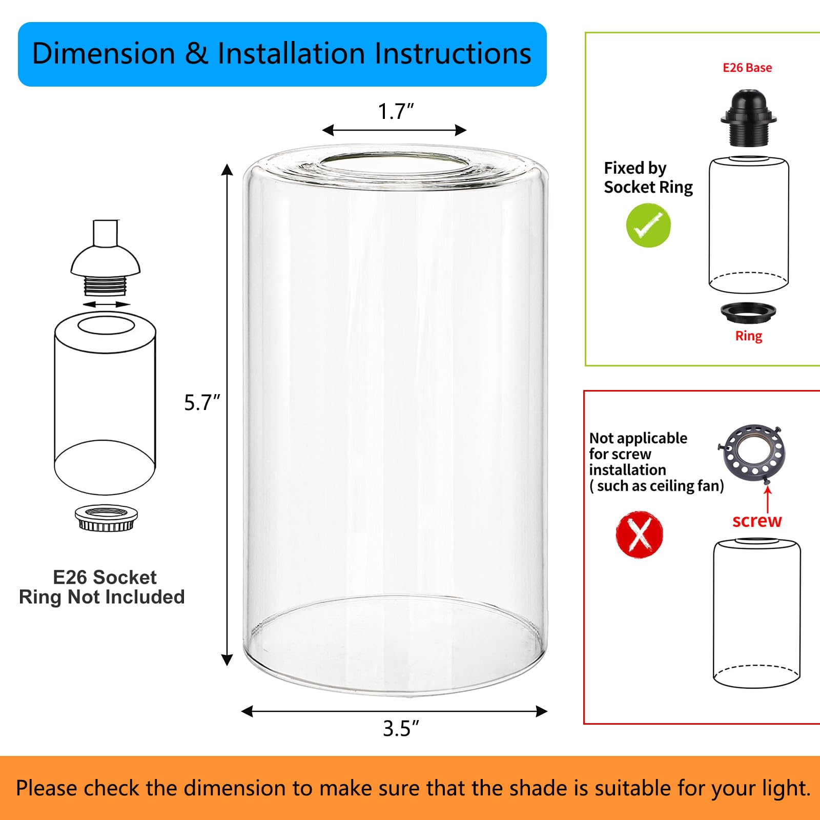Paquete de 6 pantallas de repuesto de vidrio transparente, 5.7 pulgadas de altura – 3.5 pulgadas de diámetro – 1.7 pulgadas de diámetro, accesorio de pantalla de lámpara cilíndrica transparente 5