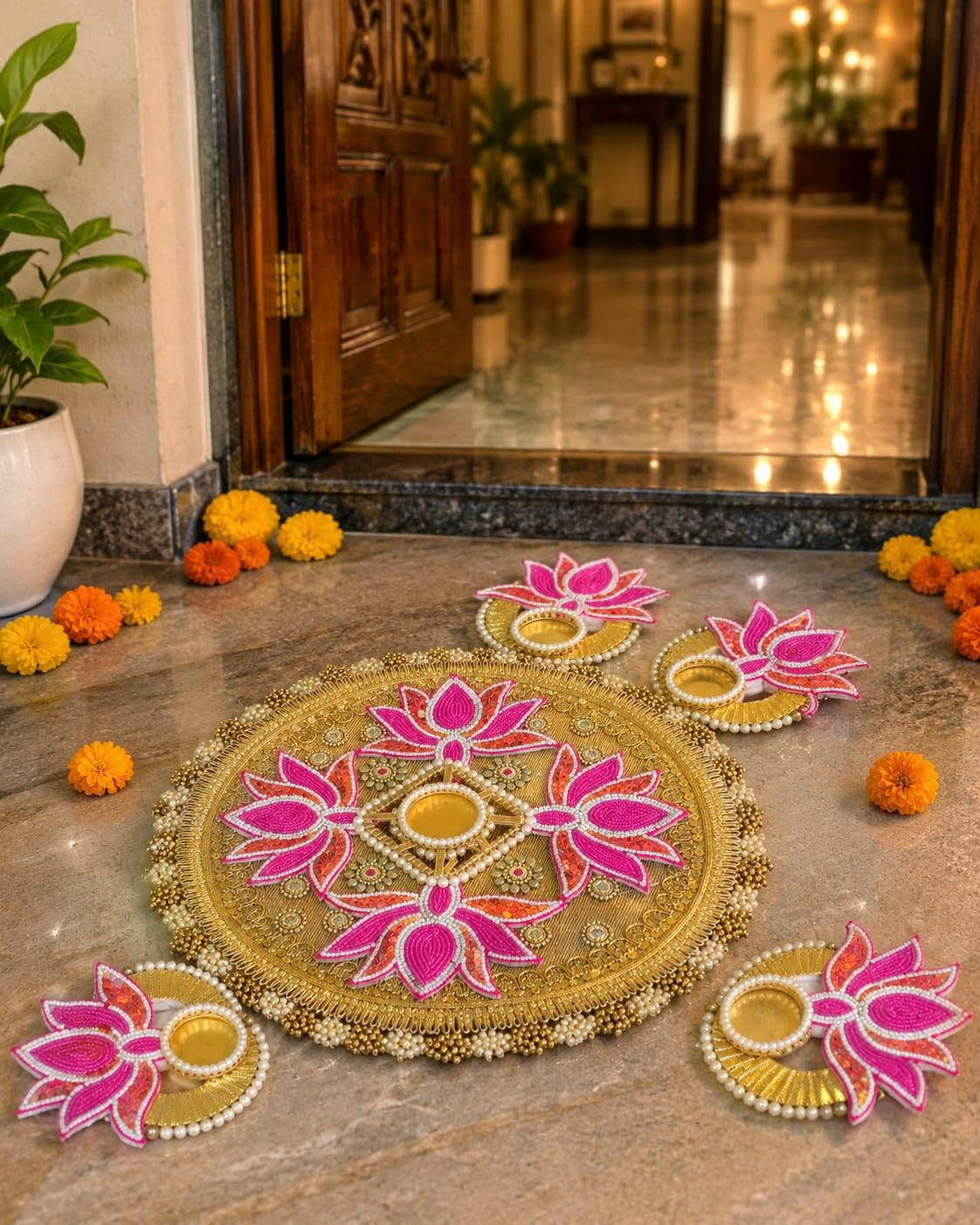 Decorative Rangoli Set with Tealight Candle Holder Kundan Pearl Rangoli for Diwali, Navratri, Wedding & Festival Home Decoration (Multicolor-3 (Pink, White, Golden)-image-34