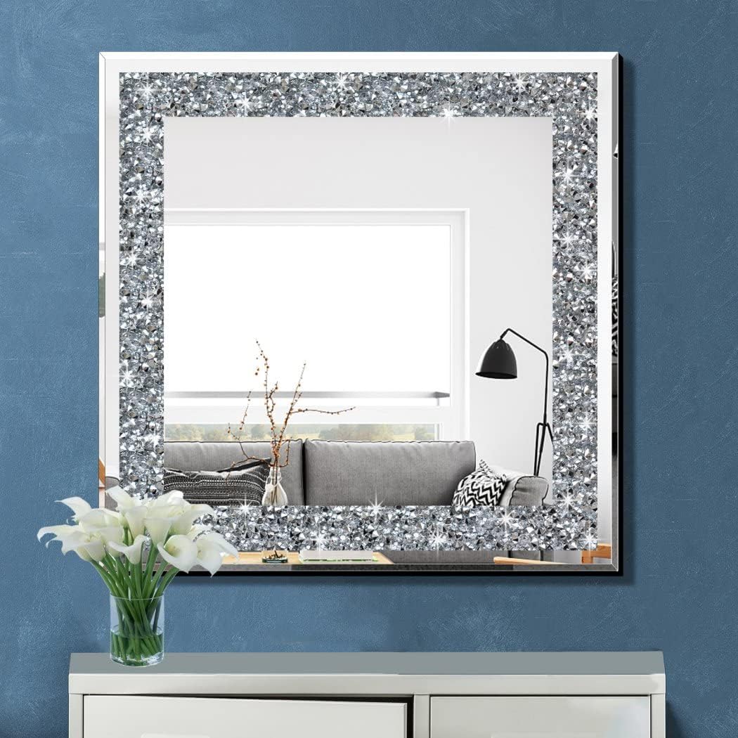 QMDECOR Crystal Crush Diamond Square Silver Mirror for Wall Decoration 23.5x23.5x1 inch Wall Hang Frame Less Mirror Acrylic Diamond Décor