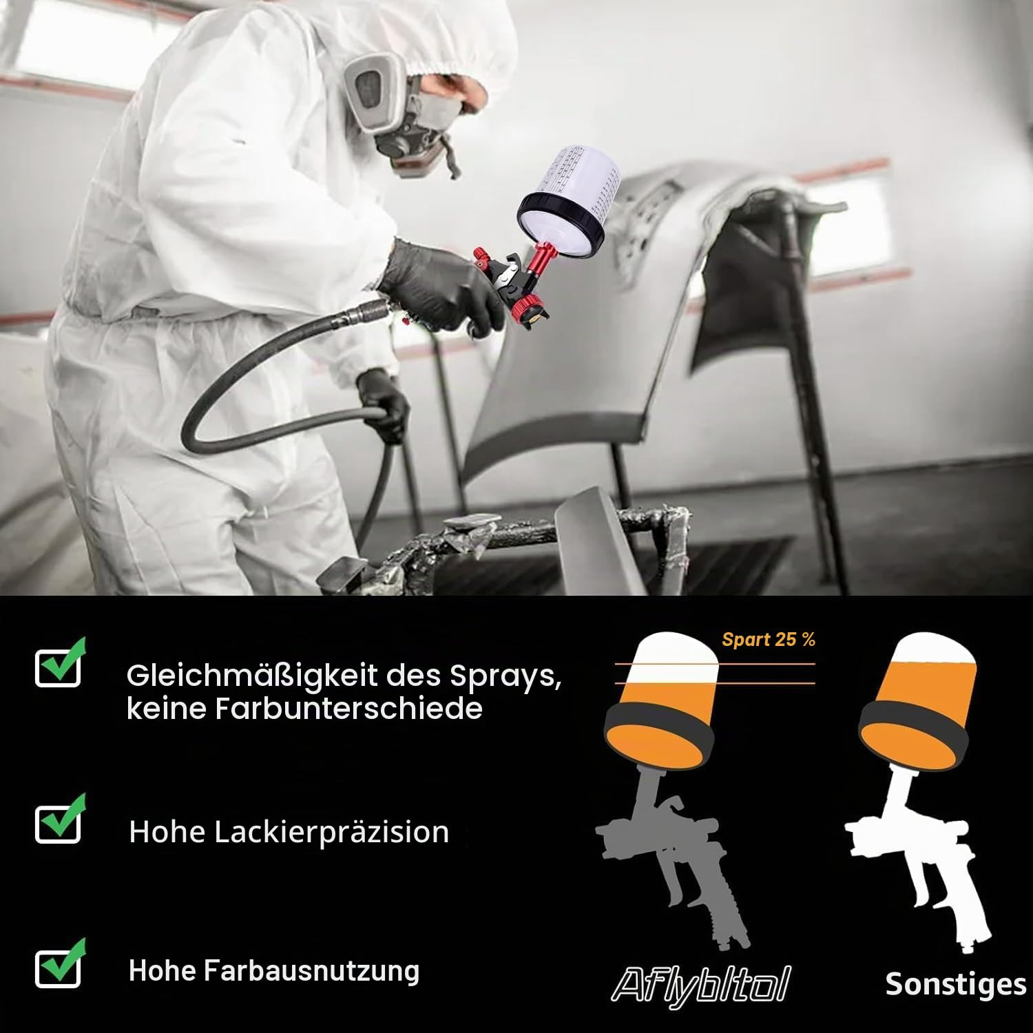 HVLP Lackierpistole Druckluft 1,3mm Düse, Profi Farbsprühgerät Spritzpistole Sprühpistole Mit Mischbechersystem Druck Regler Für Autolackierung