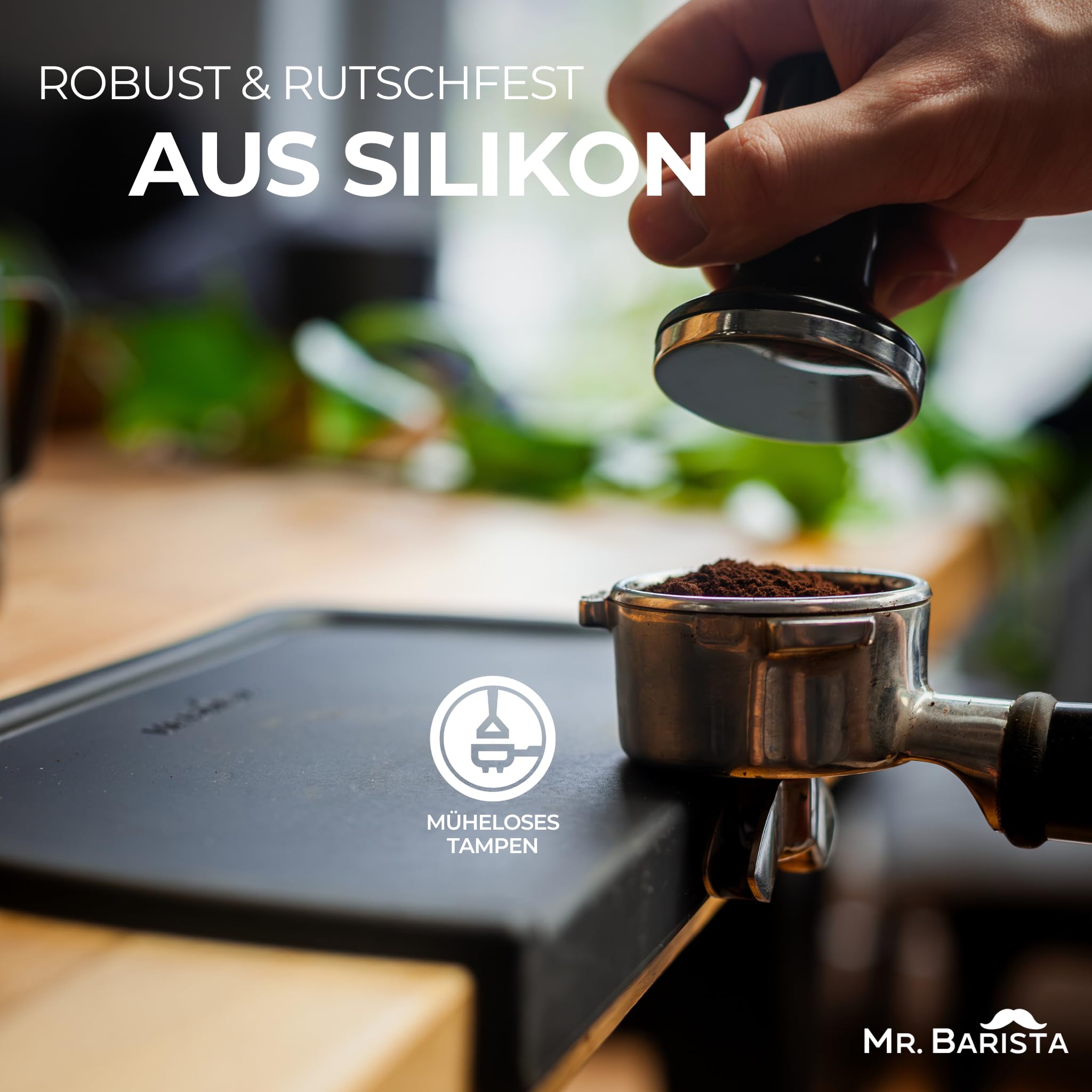Mr. Barista® Profesjonalna mata silikonowa Barista z krawędzią, mata do ubijania sitka, akcesoria barista czarna, L 30 x 15 x 3 cm, idealna dla fanów kawy