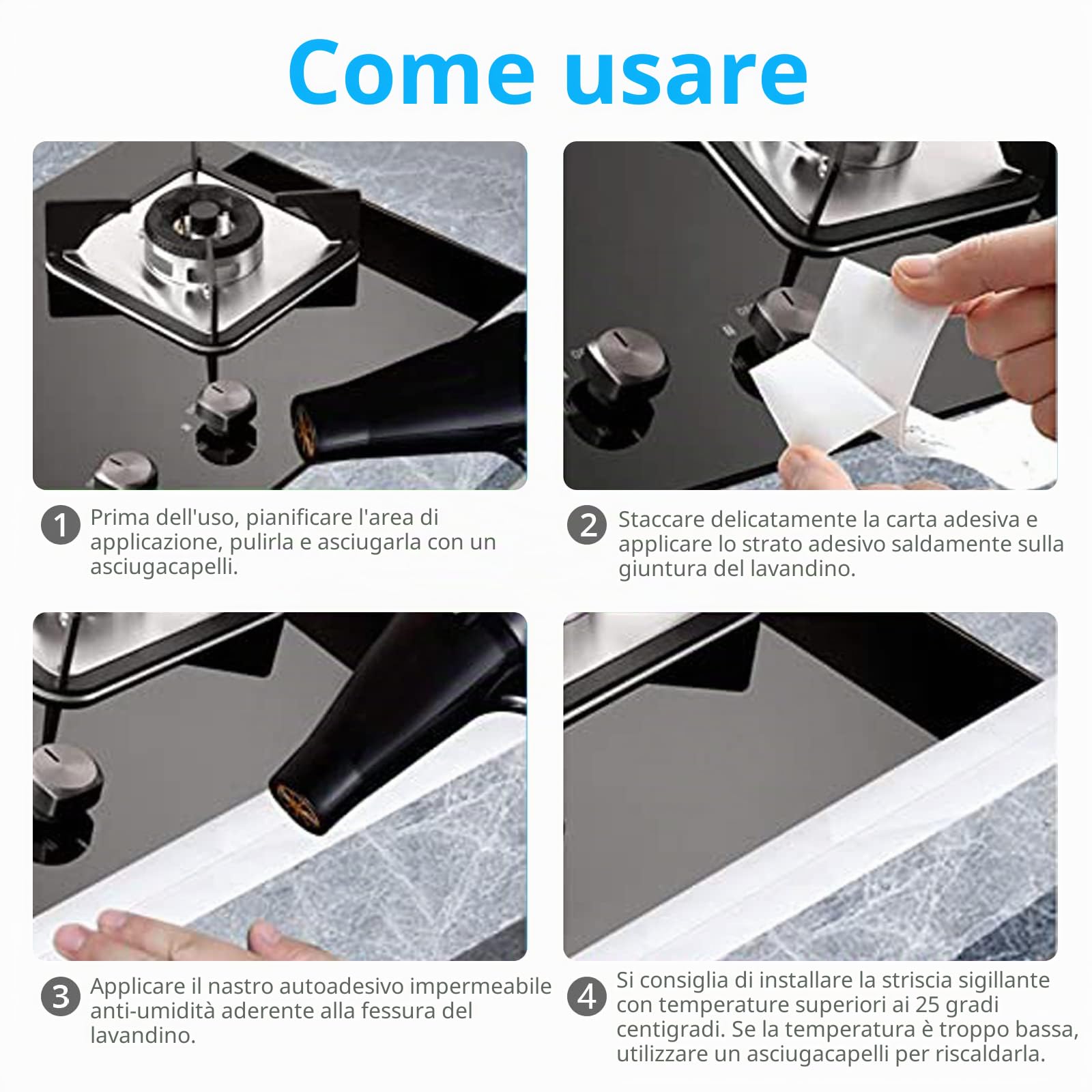 Nastro Sigillante Impermeabile Adesivo Adesivo per Decorare Cucina, Bagno, Vasca da Bagno, WC, Parete, Pavimento, 1 Rotoli da 3.2 M, Bianco