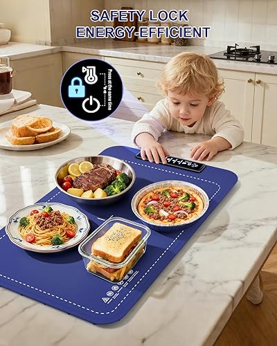 Miniatura 9 de Tapete de calentamiento para alimentos, bandeja de calentamiento eléctrica para platos, almohadilla térmica portátil con apagado de 6 horas,