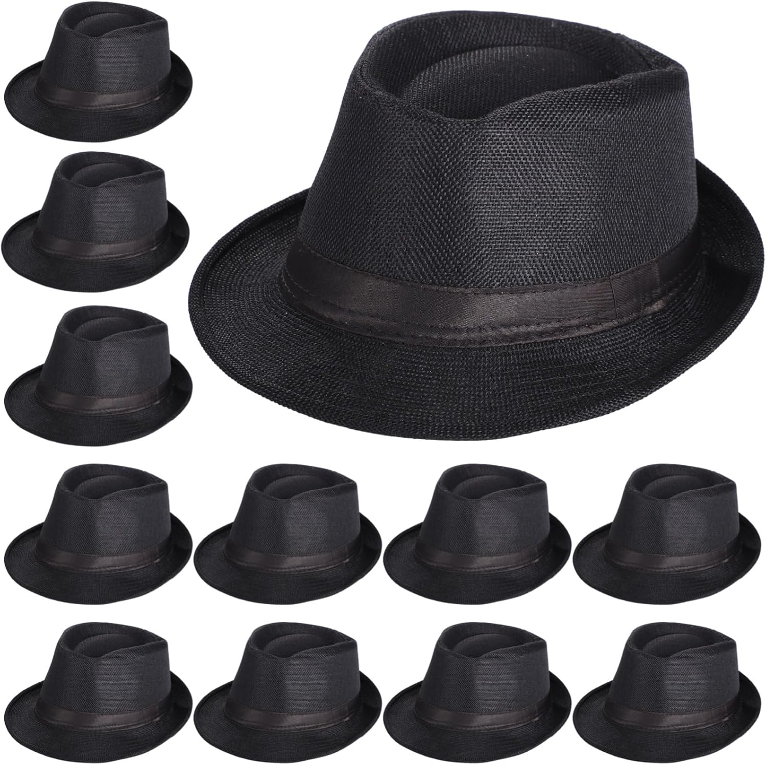 12 Pcs Men's Fedora Hats, 1920s Style Jazz Hats, Black Straw Hats with Satin Band, Breathable Sun Hats for Outdoor Activities, Parties, and Travel