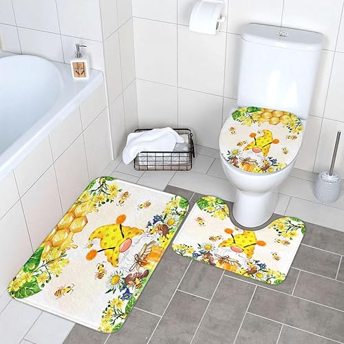 Miniatura 4 de Ansouyi Juego de 4 cortinas de ducha de baño con alfombras antideslizantes, cubierta para tapa de inodoro y tapete de baño, diseño de gnomo de miel