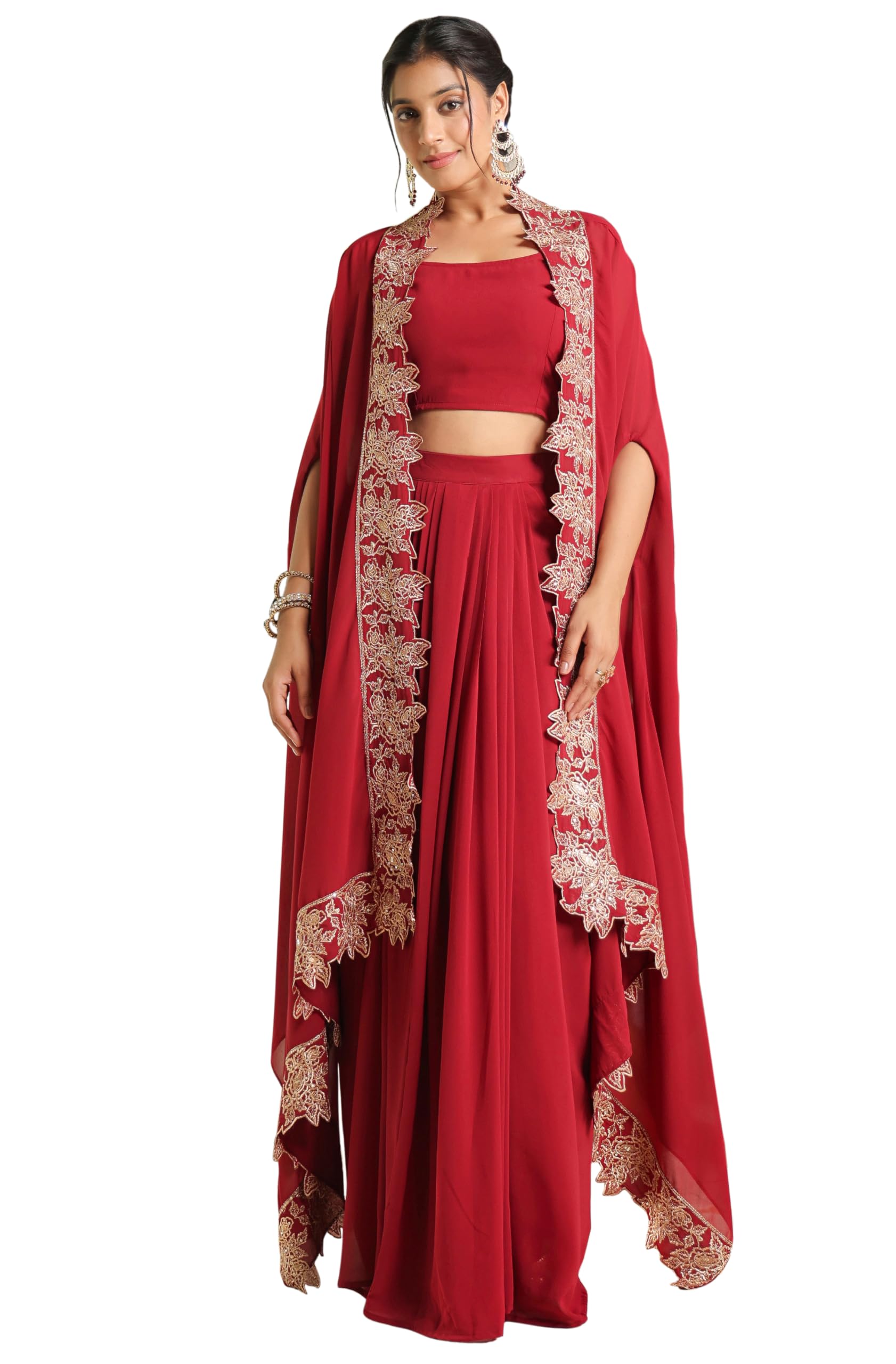 Janasya Women's Georgette Zari Embroidered Crop Top With Skirt & Cape Set