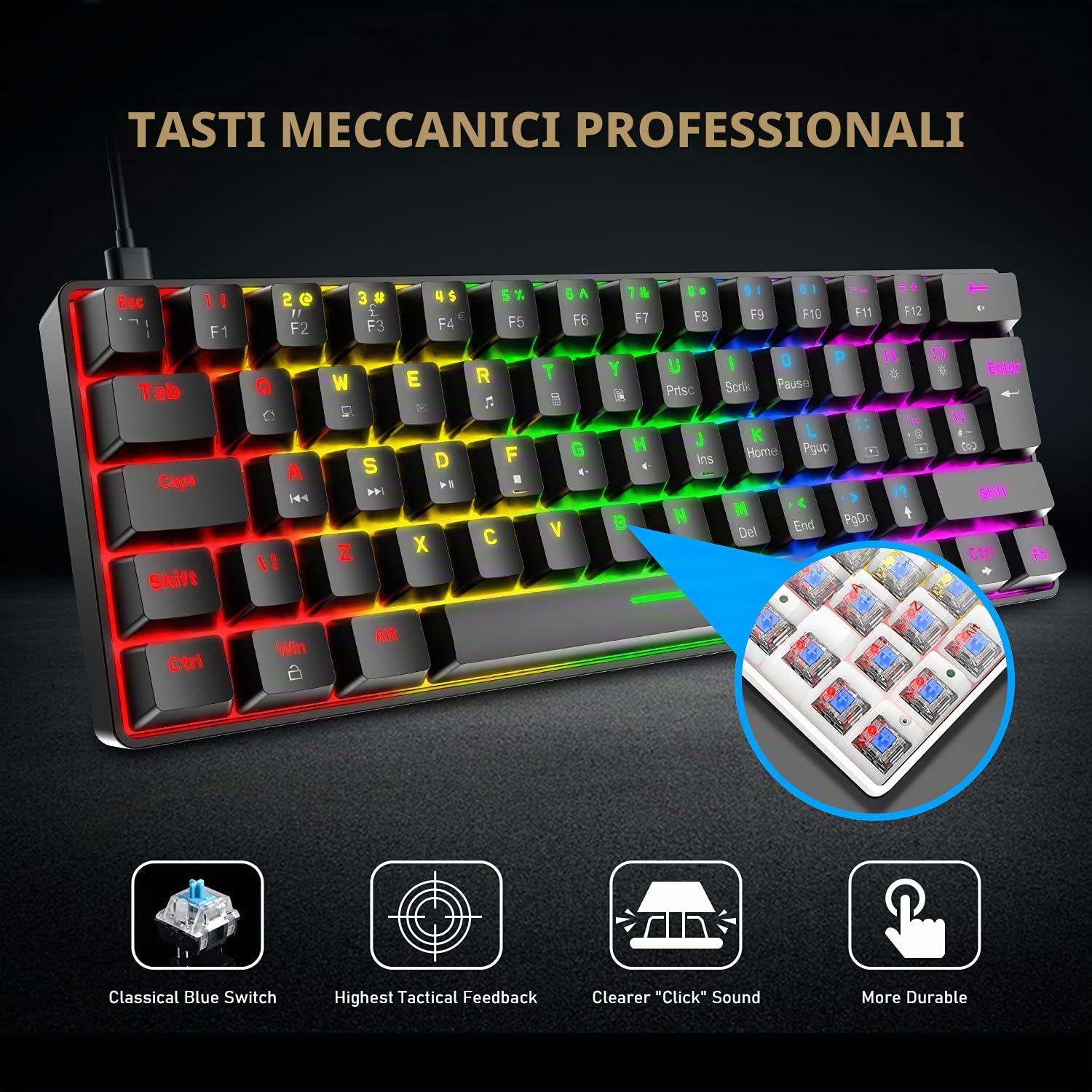 T60 Set Tastiera e Mouse da Gioco, Mini 60% Tastiera Meccanica Compatta 62 Tasti, 19 Rainbow LED Light, UK Layout + Mouse da Gioco a 6400 DPI + Mouse Pad per PC, Laptop - Interruttore Blu/Nero