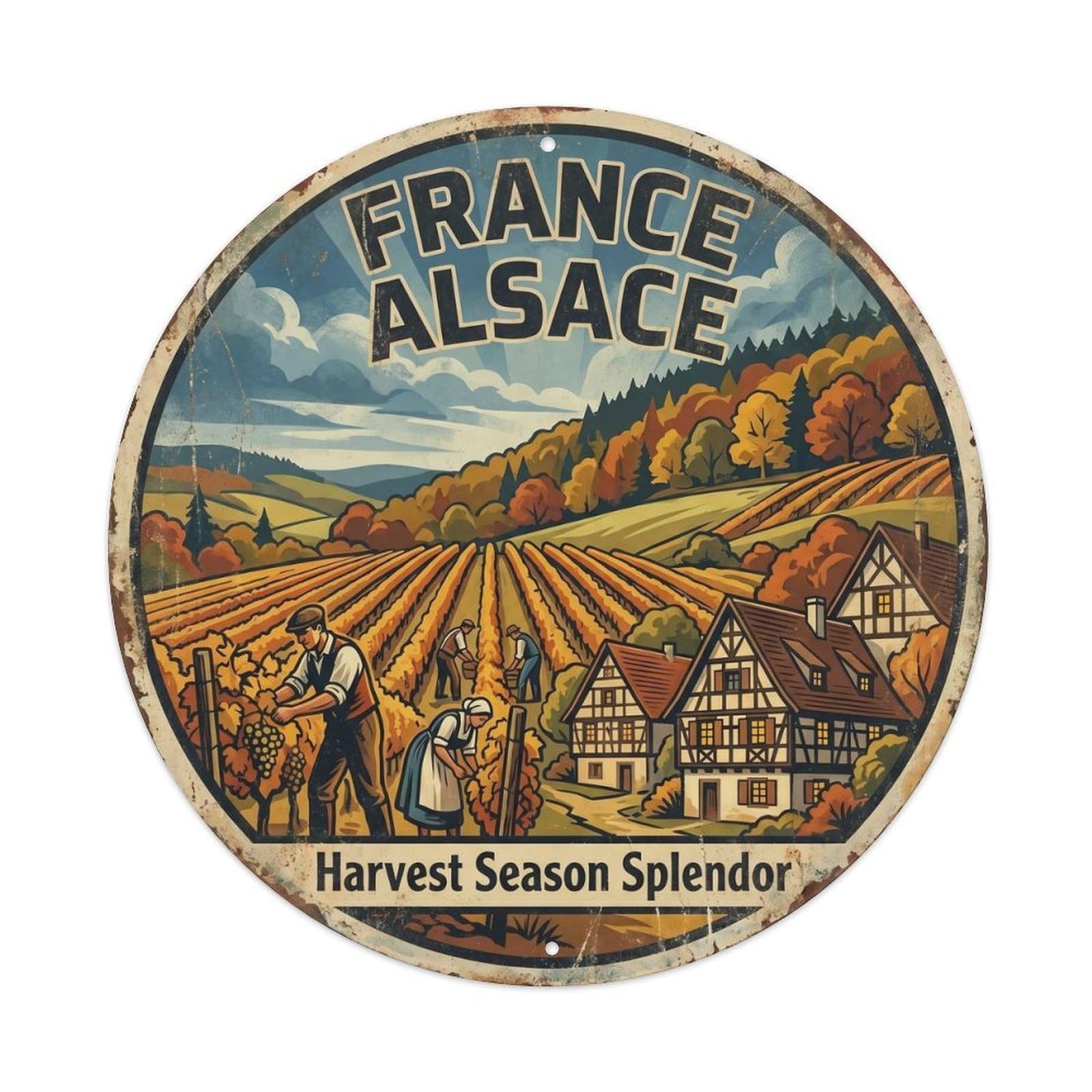 Vintage Travel France Alsace Harvest Season Vintage Metal Tin Sign Plaque Wall Decor for Cafe, Club Bar, Office, Garden Metal Poster 8x8Inch