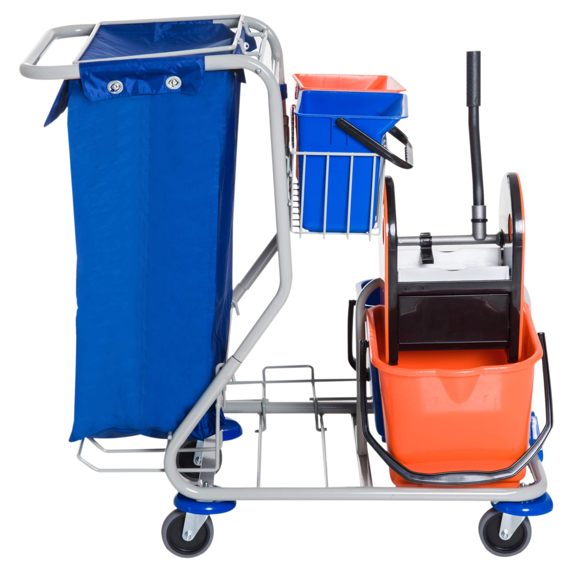 HOMCOM Putzwagen Reinigungswagen mit 2 x 18L & 2 x 6L Eimern Wischwagen Haushaltswagen mit Mopp-Presse, Aufbewahrungskorb, Blau Orange 93 x 80 x 97 cm