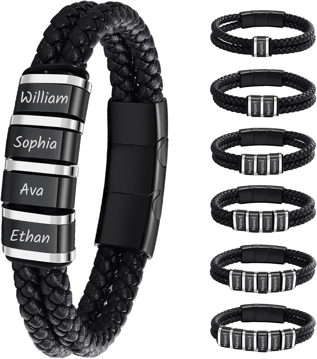 Custom Name Bracelet with 1-6 Names Personalized Braided Leather engraved Bracelets for Men Gifts for Christmas Valentines Day Fathers Day Birthday Anniversary Boyfriend Grandpa
