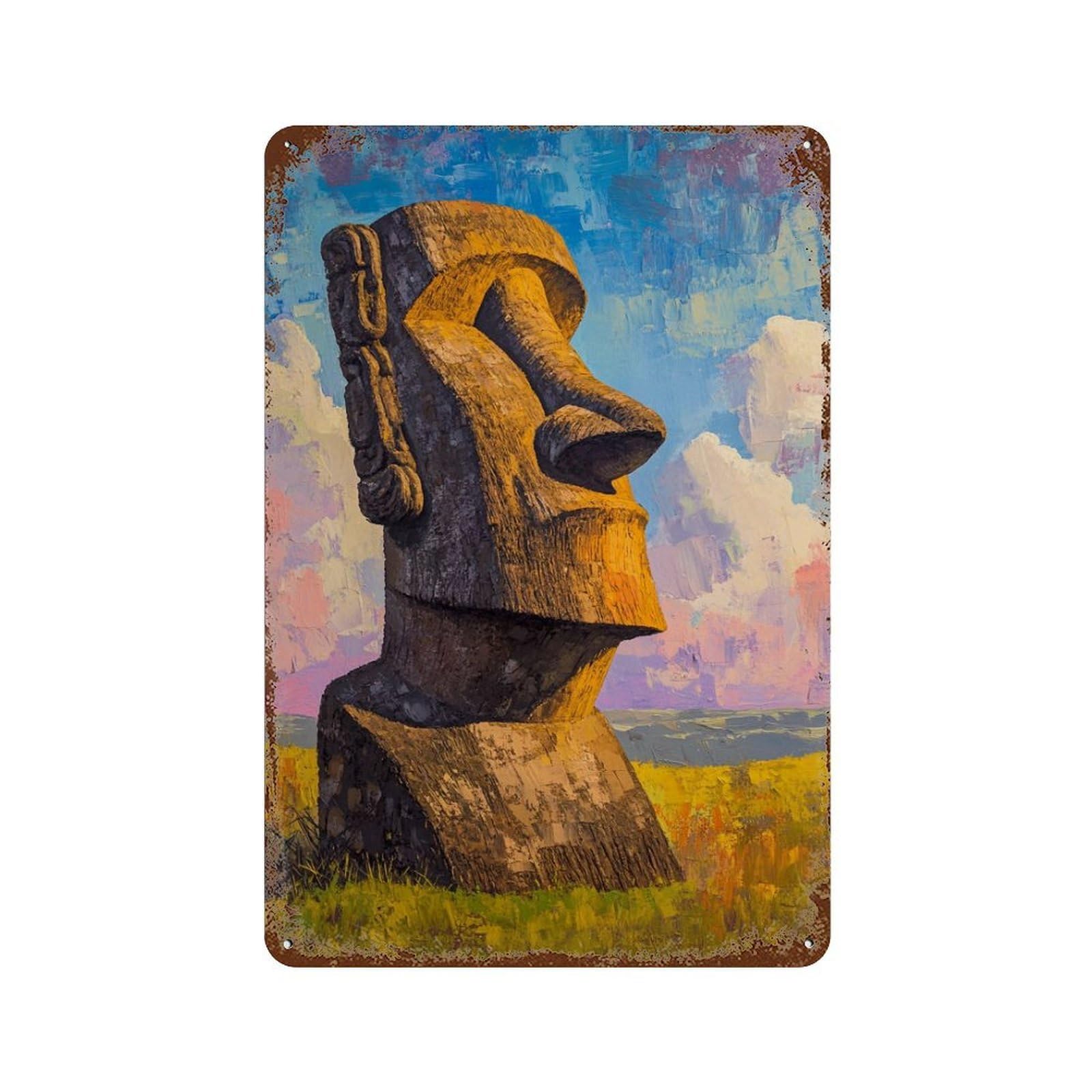 Rapa Nui Moai Statue Painting Decorative Tin Sign 11.8"x7.9", Ideal for Garage, Bar And Workshop Decor
