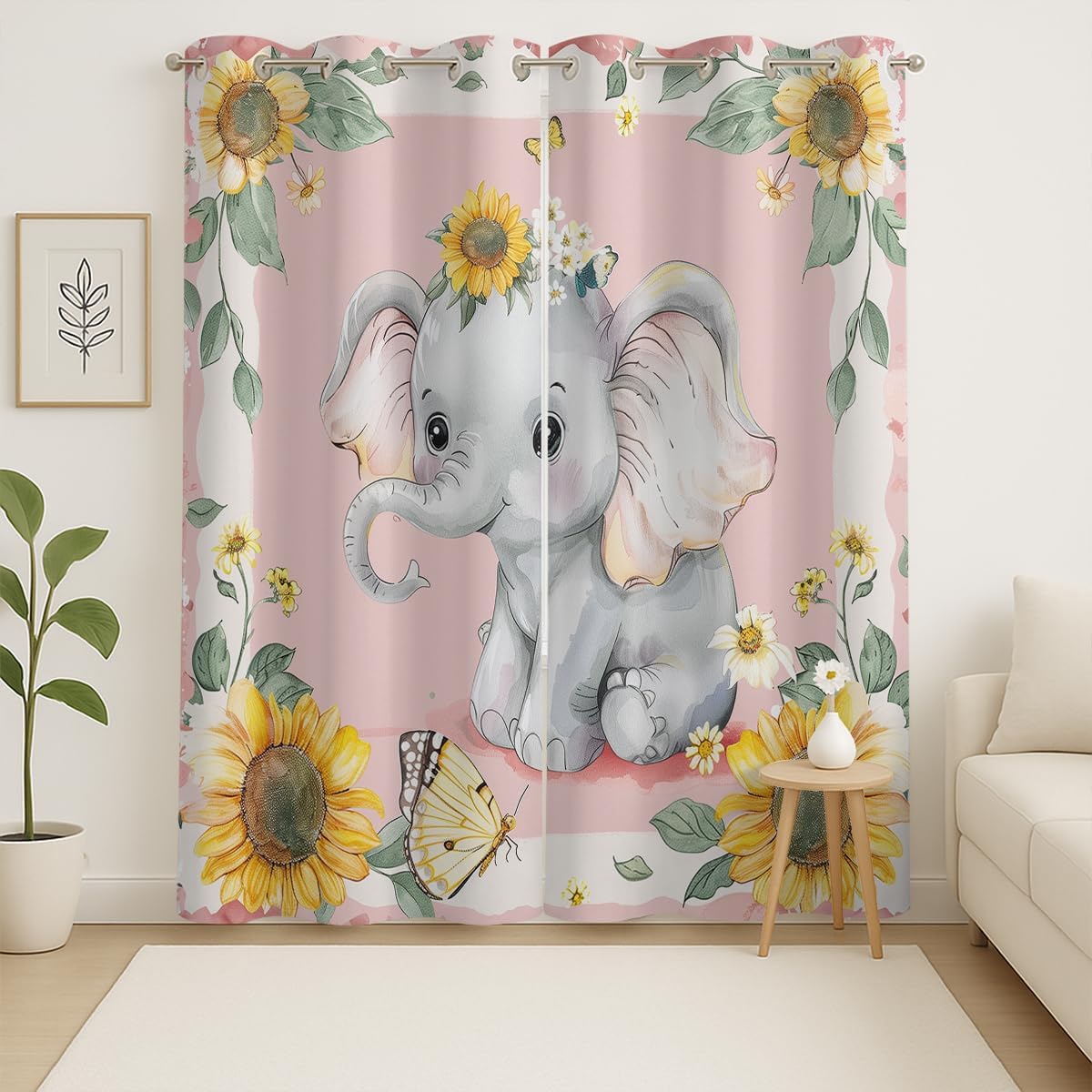 Cute Baby Elephant Blackout Curtains for Girls Boys Home Decor, Cartoon Pink Sunflower Butterfly Grommet Thermal Insulated Drapes Darkening Window Curtain for Bedroom Living Room, 42 x 45 Inch