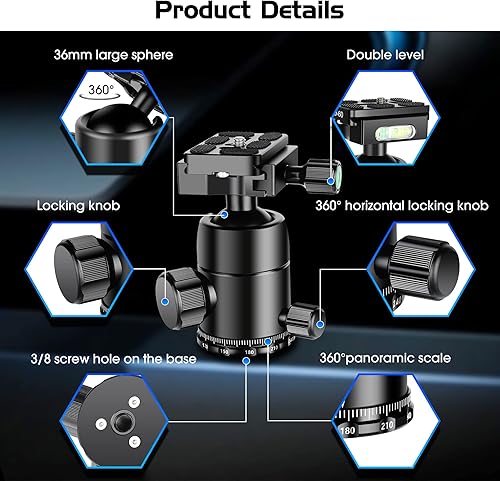 Miniatura 3 de Manbily Cabeza de bola para disparar trípode de palo, cabezal de soporte de abrazadera de aluminio de metal CNC para caza, cabeza de bola panorámica