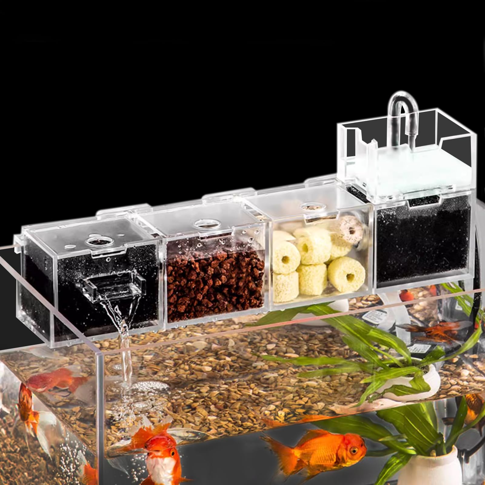 Fish Tank Filter Box Aquarium Fish Tank External Filter Box, Hydroponics,Aquarium Hang On Filter Waterfall Increase Oxygen Water Purifier Aquarium Accessory for Restaurant Home (Transparent, 3 Grids)