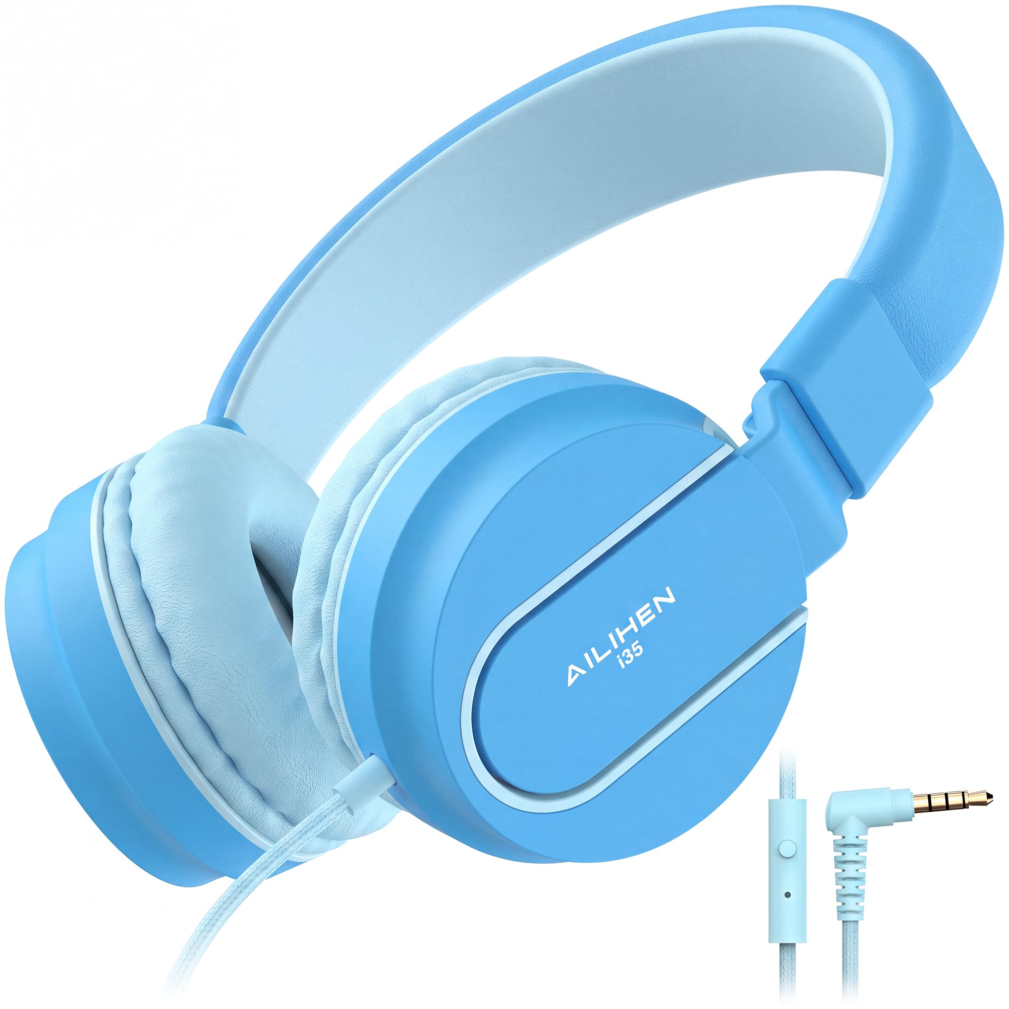 AILIHEN I35 Kids Headphones for School with Mic, 93dB Safe Volume, Lakeblue