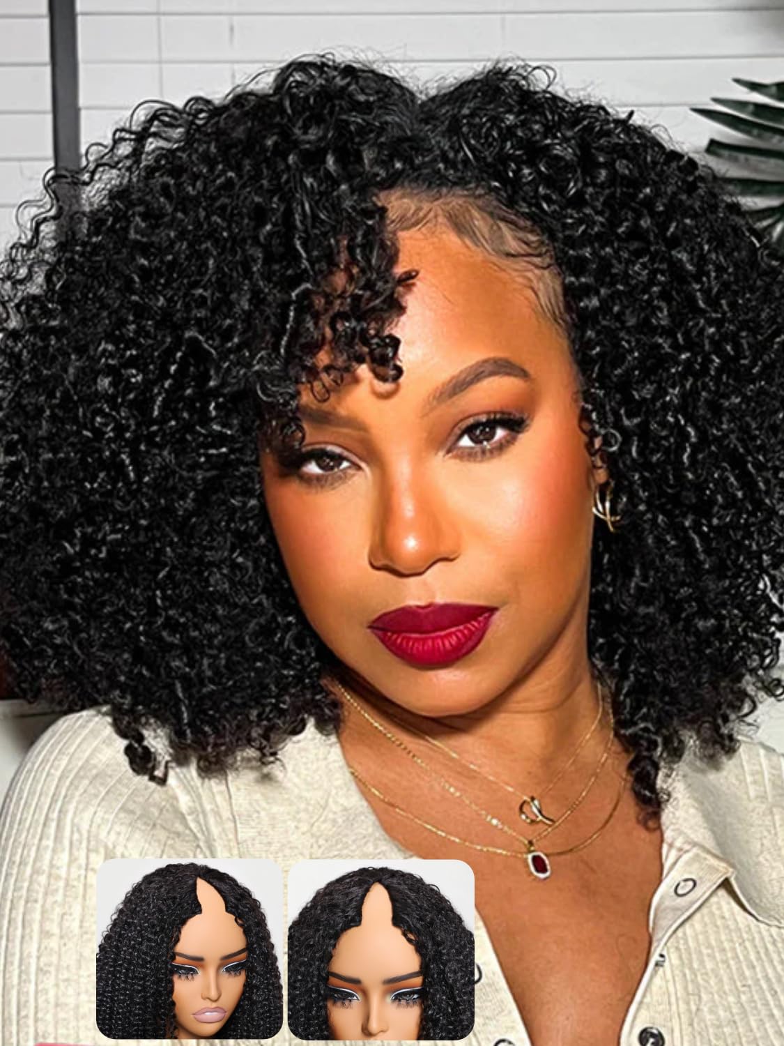 Amazon.com : YIROO Hair Kinky Curly V Part Wig Human Hair No Leave out ...