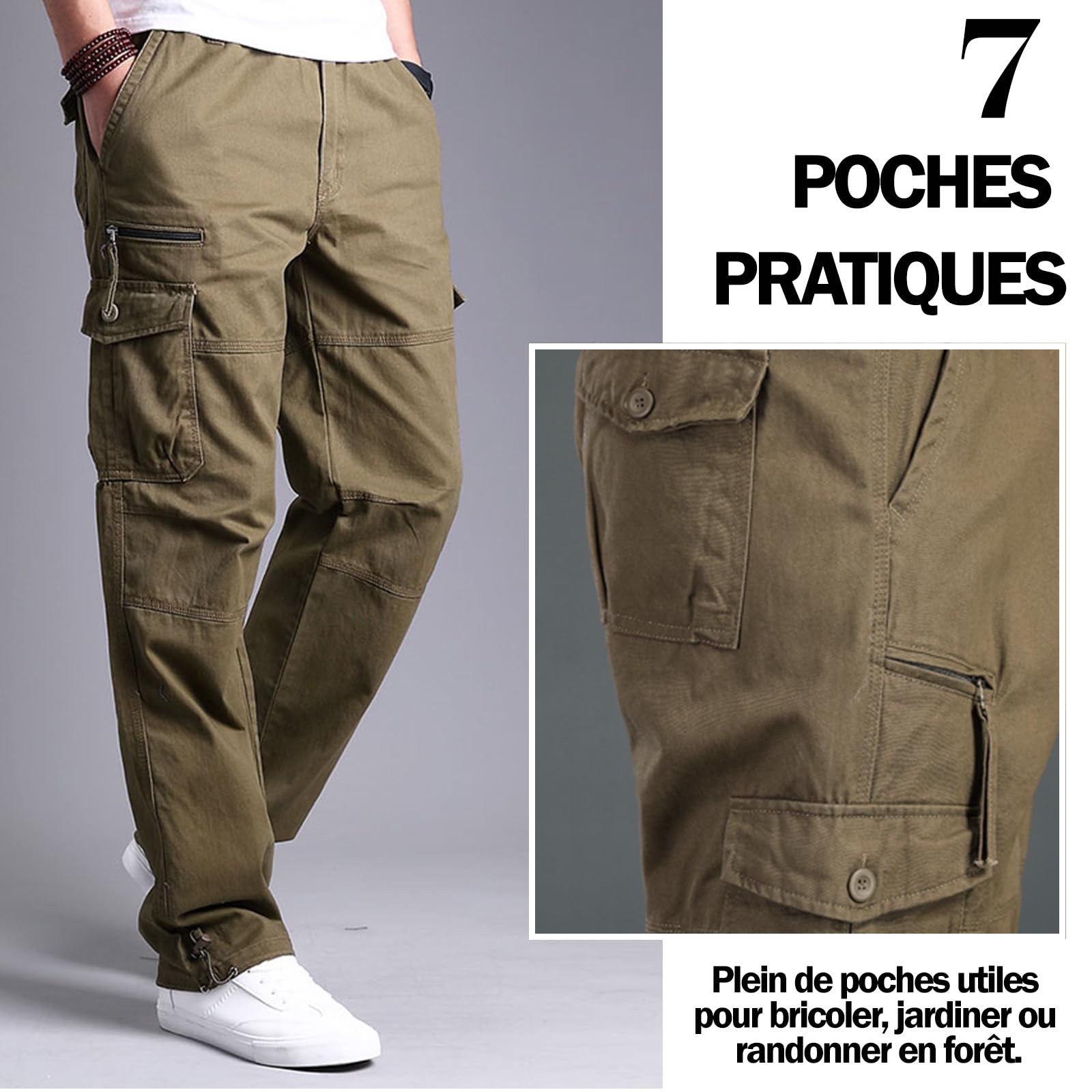 Pantalones cargo de algodón para hombre, pantalones cargo con 7 bolsillos, cintura elástica, pantalones casuales