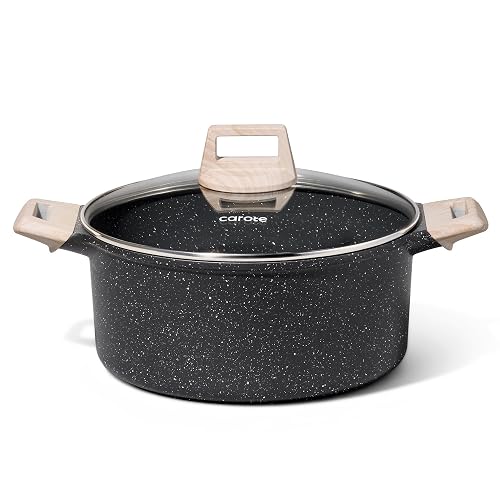 CAROTE Nonstick Stock Pot with Lid, 6 Quart Black Granite Casserole