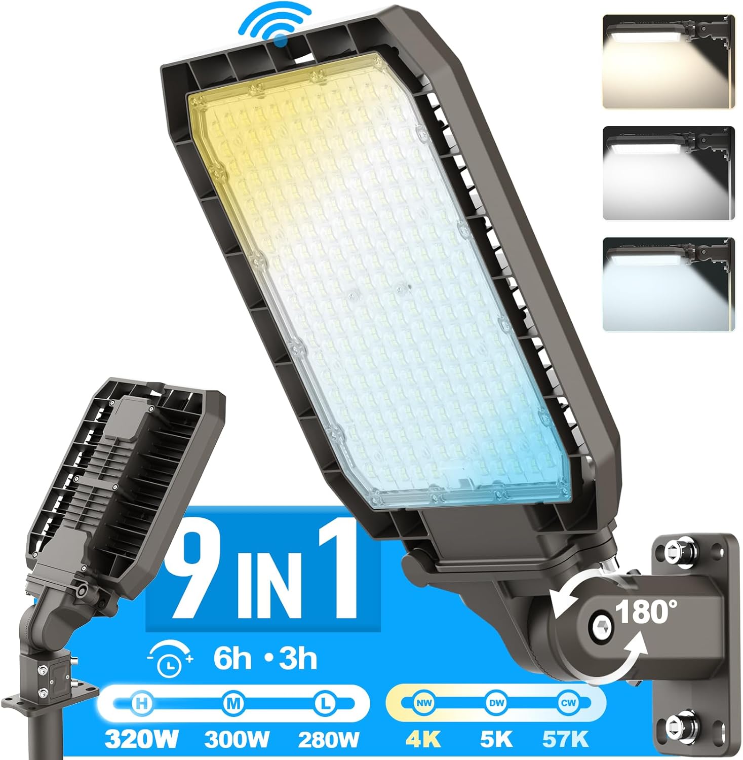 AKK LED Parking Lot Light 320W/300W/280W & 4000K/5000K/5700K Selectable, Timed Dimming & Photocell, 51200LM(160LM/W), IP65 Waterproof, Arm Mount & Slip Fitter in 1 for Parking Lot & Street, ETL Listed