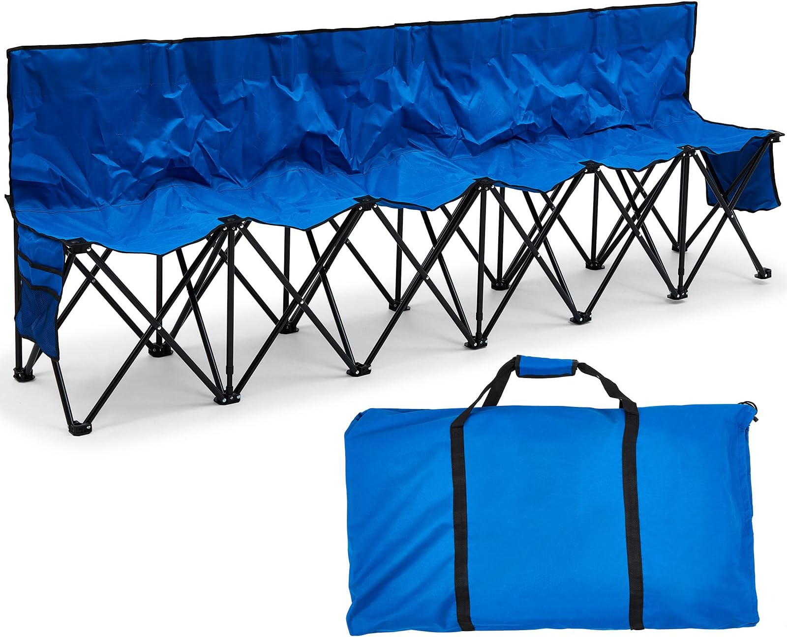 6 Seats Folding Soccer Bench Chair Portable Team Sports Sideline Bench for Football Camp Travel Events Outdoor Seating with Storage Bag(Blue)