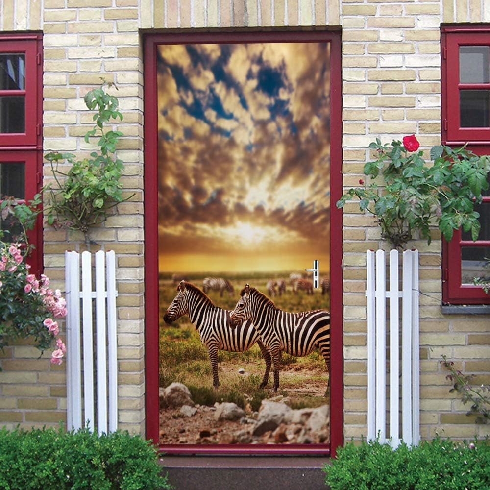 Modern Art Zebra Door Mural Sticker, Peel and Stick Vinyl Refrigerator Cover/Wrap Sticker, Removable Wallpaper for Home Decor, 32.5x84.6inch/85x215cm, T438-85