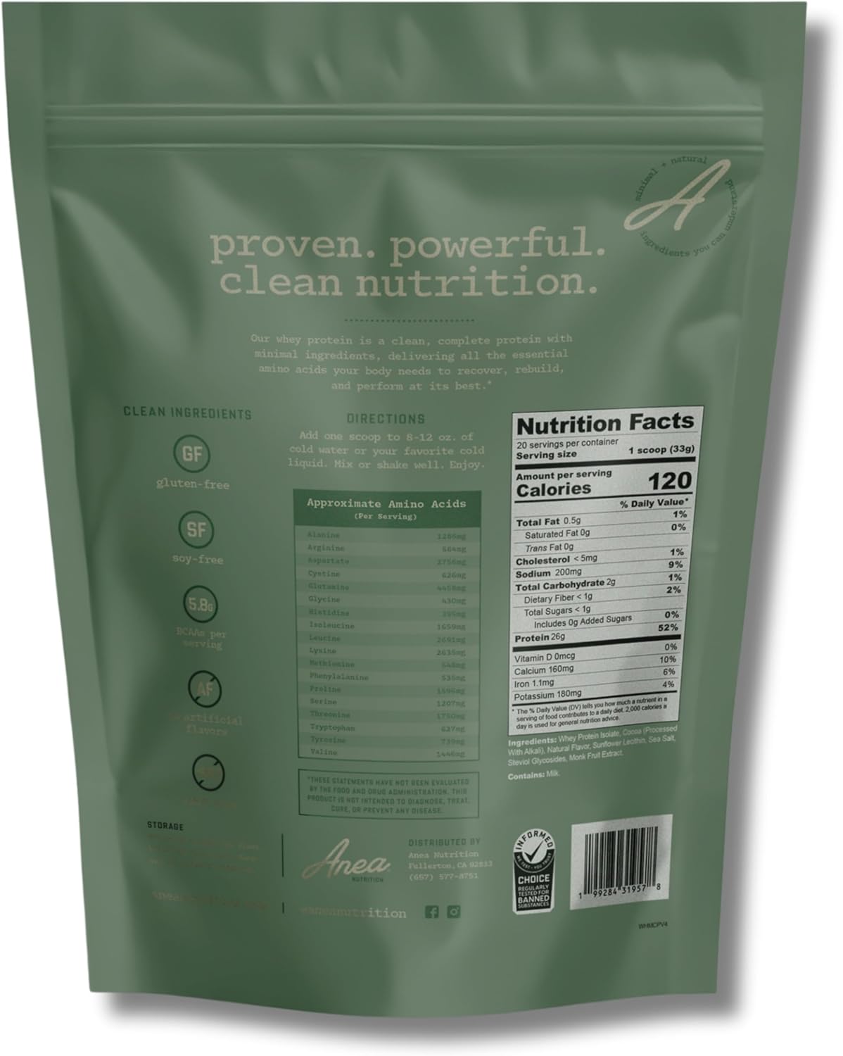 Anea Whey Protein Isolate - Mint Chocolate Chip | 26g Protein | 5.8g BCAAs | 2g Carbs| Complete Amino Acids | Gluten-Free, Soy-Free | Lean Muscle & Recovery | Made in GMP Facility