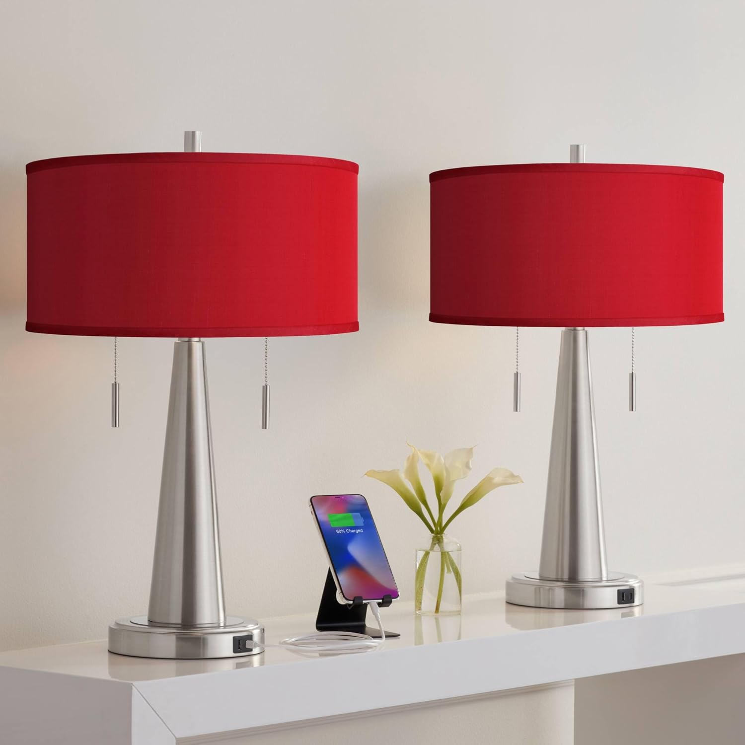 Possini Euro Design Vicki Modern Accent Table Lamps 23" High Set of 2 with USB Charging Port Brushed Nickel Red Faux Silk Drum Shade for Living Room Desk Bedroom House Bedside Nightstand Home