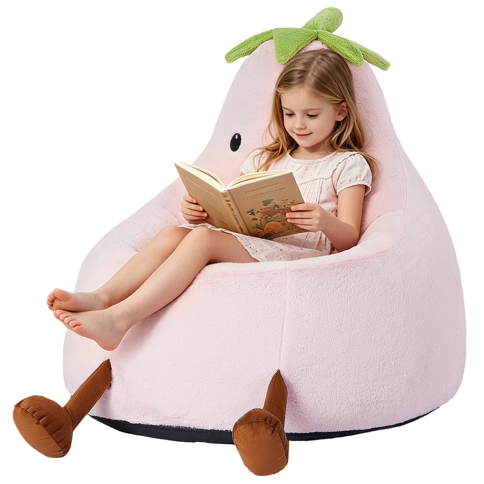 24 Inches Memory Foam Bean Bag Chair - Ultra Soft Faux Rabbit Fur Round Sofa with Handle &amp; Machine Washable Cover, Comfy Chair for Kids Teens, Perfect for Reading Gaming in Living Room Bedroom，Pink