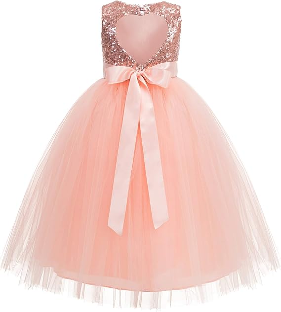 ekidsbridal Heart Cutout Sequin Junior Flower Girl Dress Open Back Dress Christening Dresses