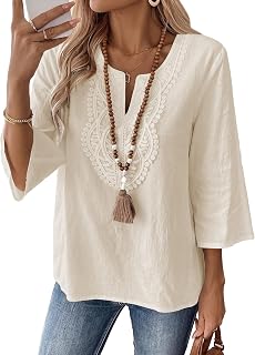EVALESS Boho Tops for Women V Neck 3/4 Sleeve Embroidered Lace Shirts | Tunic Top Loose Fit Dressy,Summer Fall Vacation Outfits,Lightweight Breathable Cotton Blend,Bohemian Peasant Clothes