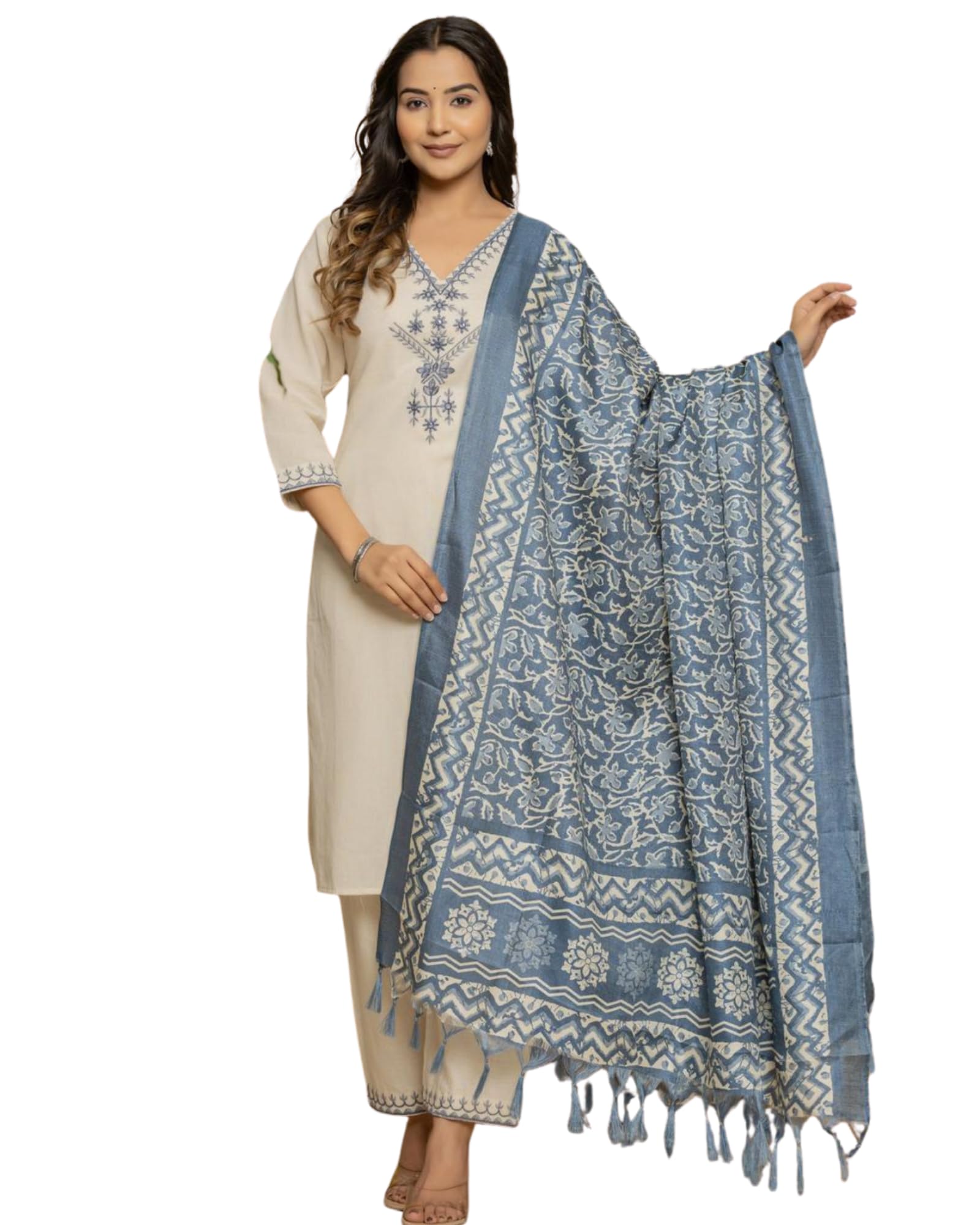 nazaria Women's Khadi Cotton Fabric Embroidery Work Kurti With pant & Dupatta | V Neck & 3/4 Sleeve | Lightweight & Breathable Fabric-Cream-picture-56