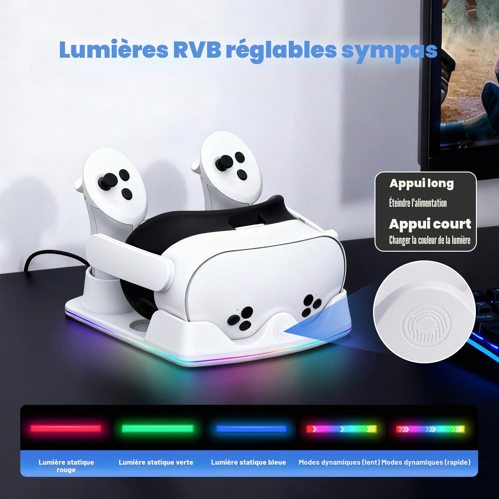 Station de Charge Compatible avec Meta Quest 2/3/3S, Support de Chargeur pour Casque avec Lumière RVB, Station de Recharge Rapide pour Casque VR