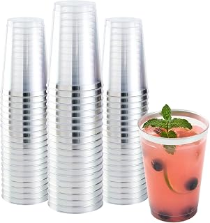 Restaurantware Party Cups 12 oz Pack of 20 Clear Plastic Cups with Silver Rim Disposable, Durable Plastic Glasses Cold Food-Friendly Tumblers for Cocktails at Birthday Parties, Pool Parties