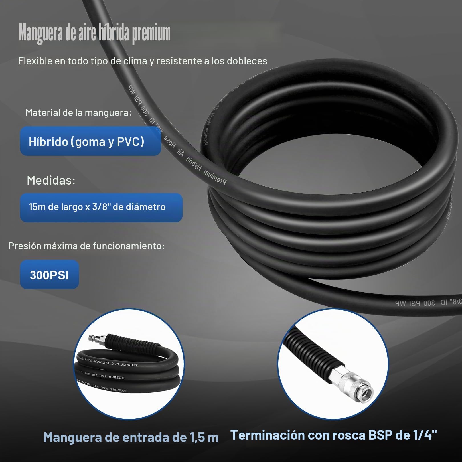Carrete Automatico de Manguera de Aire Comprimido 15 m + 1.5 m, Carrete de Manguera de Neumática para la pared, Enrollador de Manguera de Aire por Taller, Conexión: 1/4", Max 12 bar, Φ9.5mm