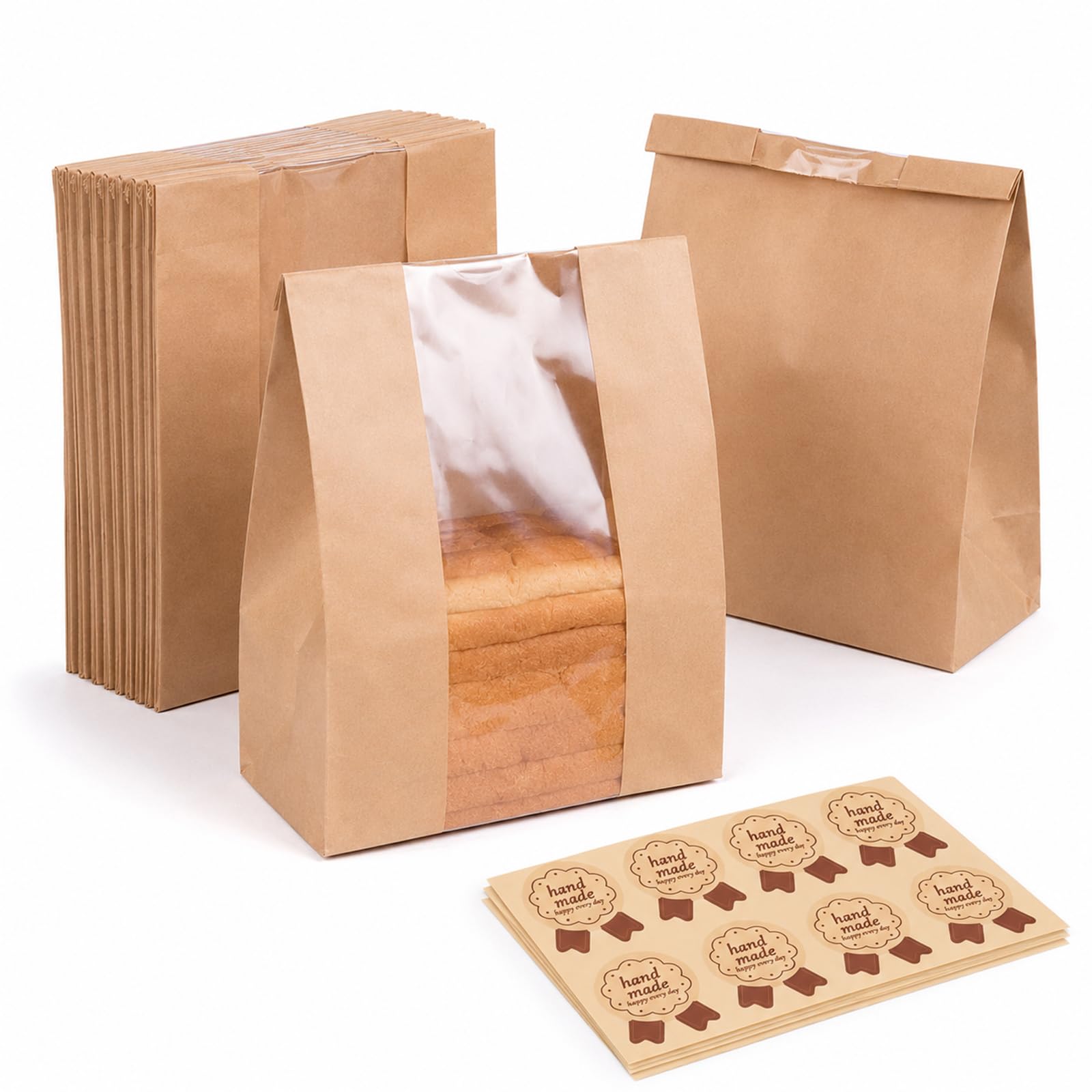 50 PCS Bread Bags for Homemade Bread, Kraft Paper Bread Bags with Window, 35×21×9cm Food Packaging Storage Bag with Stickers, Bakery Bags for Homemade Sourdough, Cookies & Snacks